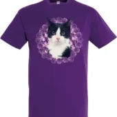Paars katten t shirt met zwart wit kat