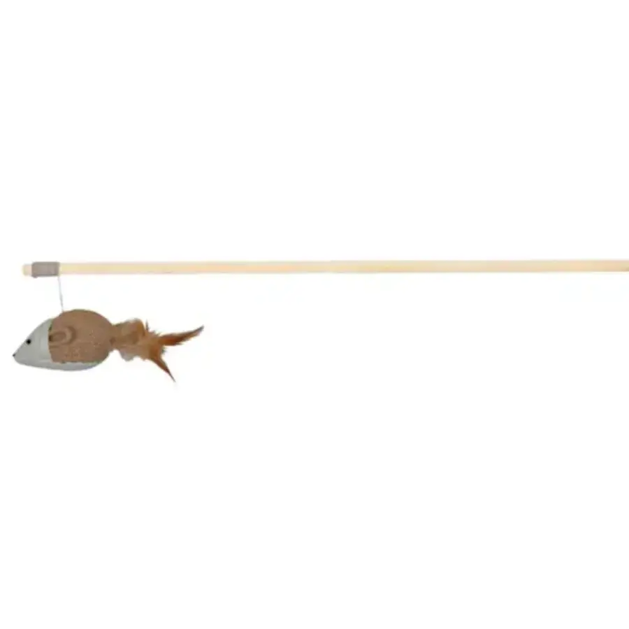 Trixie speelhengel muis met veren hout / jute/ canvas